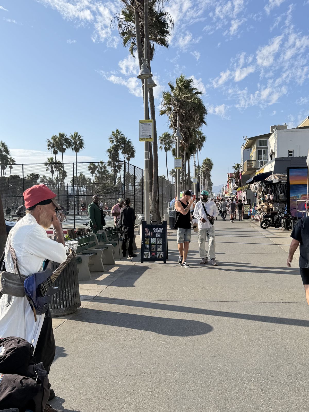 The Venice Beach boardwalk lined with palm trees on a sunny afternoon