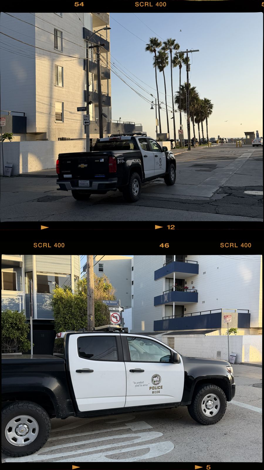 Two film-style frames of an LAPD pickup truck parked on a Venice street
