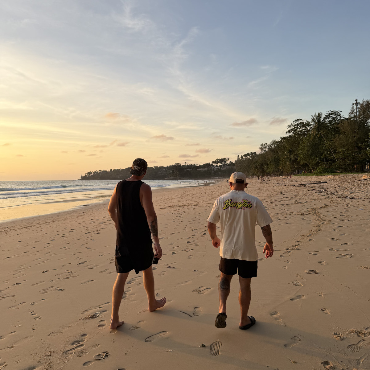 Two men walking along the beach at dusk